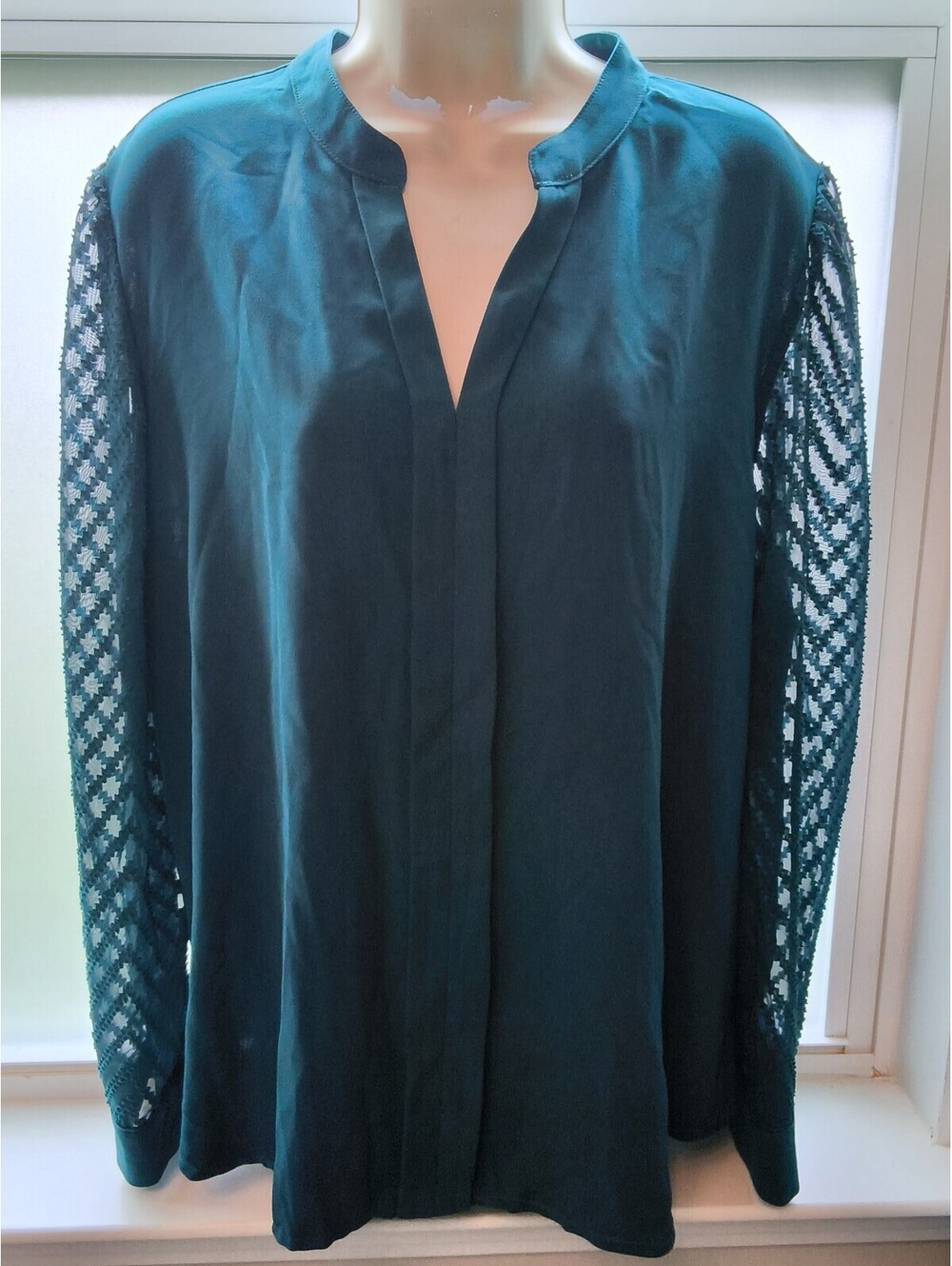 Grace Karin Sheer Lace Long Sleeve Teal Blouse Pleated V Neck XXL